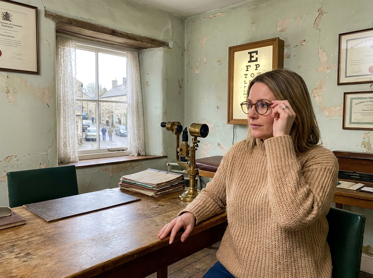 Femme essayant des lunettes rondes lors d'un examen de vue chez un opticien indépendant en milieu rural