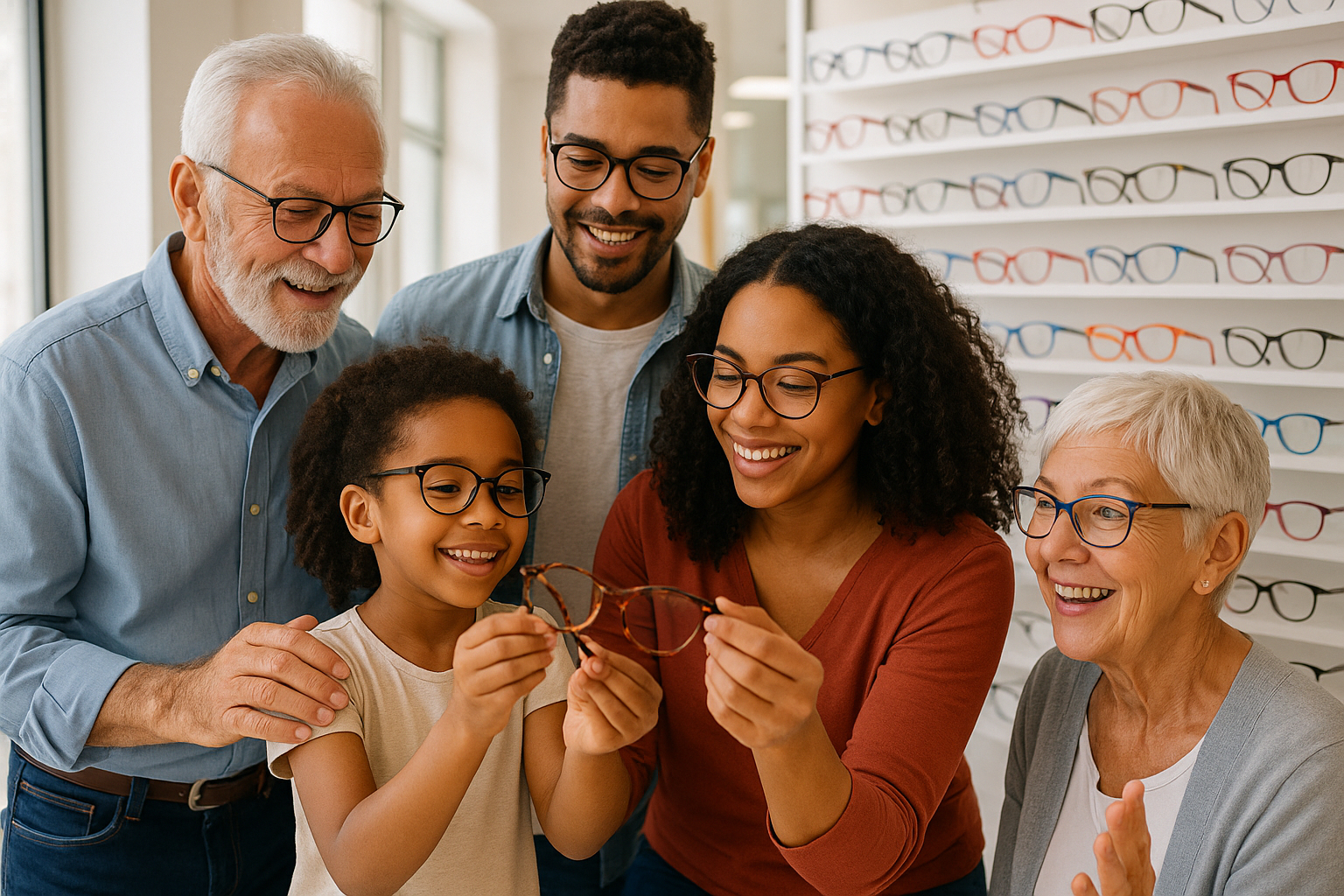 Famille diverse choisissant des lunettes dans une boutique lumineuse