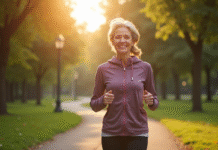 Femme active dans la cinquantaine souriante lors d'une marche matinale dans un parc