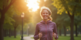 Femme active dans la cinquantaine souriante lors d'une marche matinale dans un parc