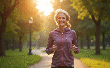 Femme active dans la cinquantaine souriante lors d'une marche matinale dans un parc