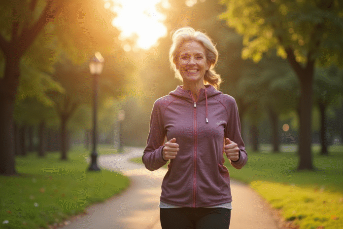 Femme active dans la cinquantaine souriante lors d'une marche matinale dans un parc