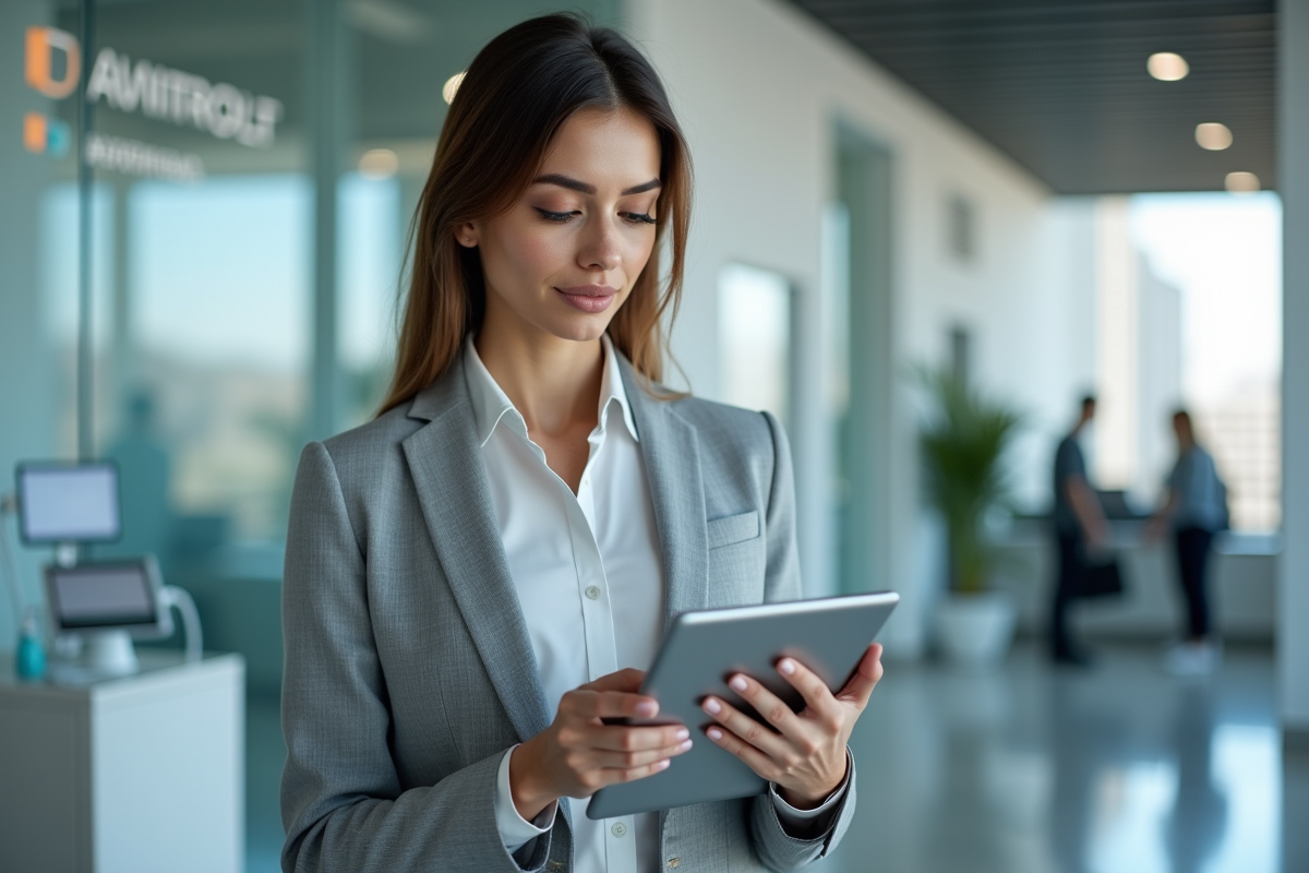 Femme d affaires en costume vérifiant une tablette dans un bureau moderne