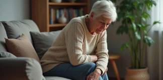 Femme âgée assise sur un canapé en train de se masser la cuisse