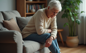 Causes faiblesse jambes perte équilibre : explications et conseils à connaître Femme âgée assise sur un canapé en train de se masser la cuisse