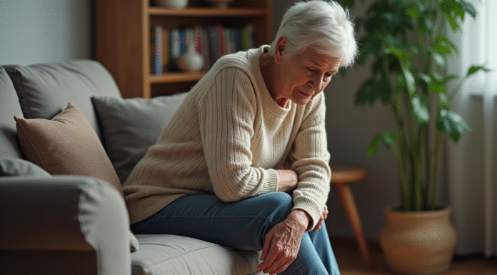 Causes faiblesse jambes perte équilibre : explications et conseils à connaître Femme âgée assise sur un canapé en train de se masser la cuisse