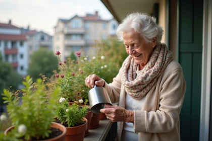 Femme âgée arrosant des plantes sur un balcon urbain