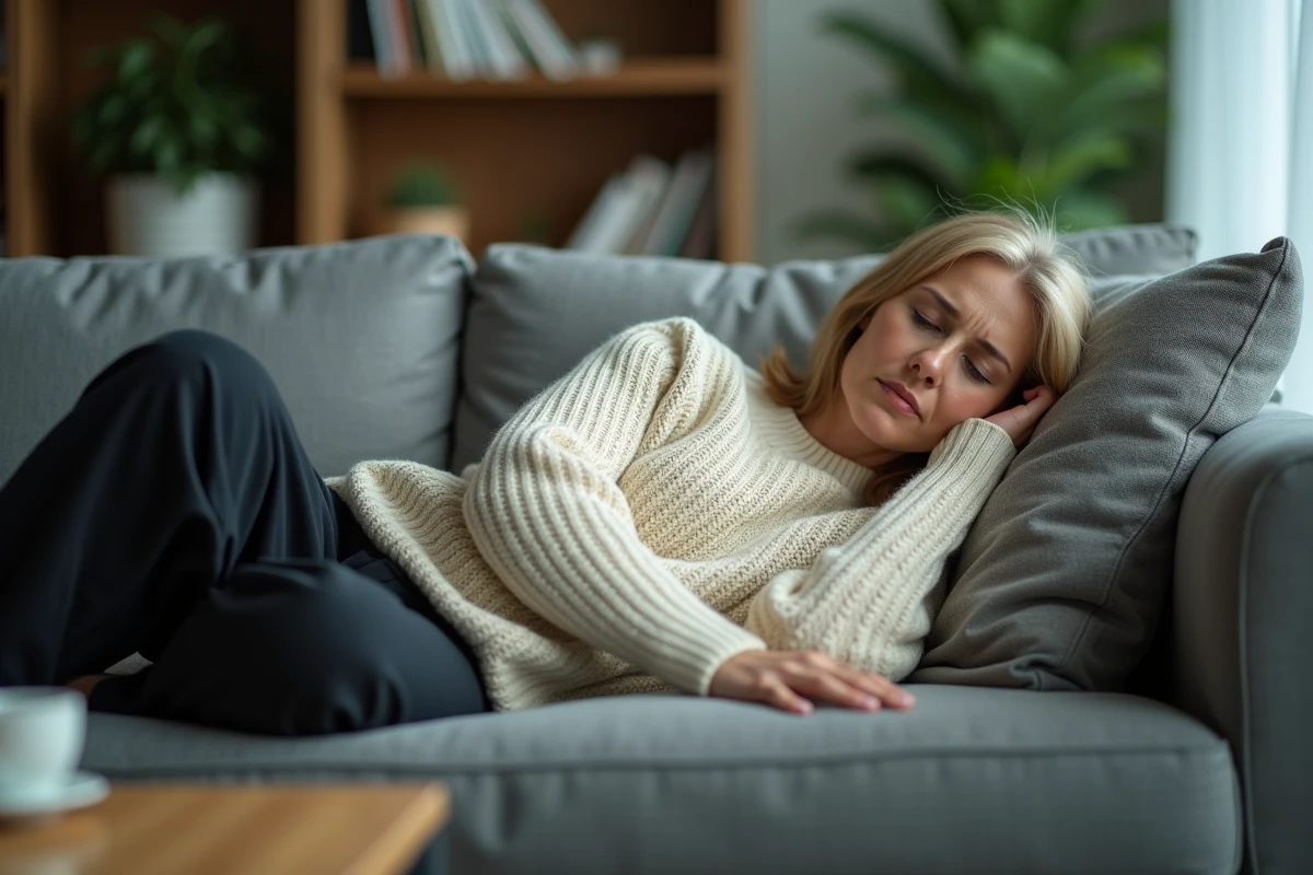 Femme allongée sur un canapé en position de repos souffrant de vertiges et de tête lourde