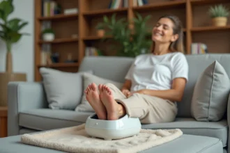 Femme utilisant un appareil de massage de pied électrique sur un canapé dans un salon confortable