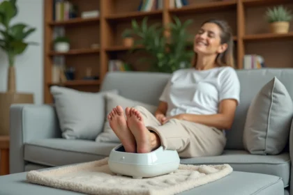 Femme utilisant un appareil de massage de pied électrique sur un canapé dans un salon confortable