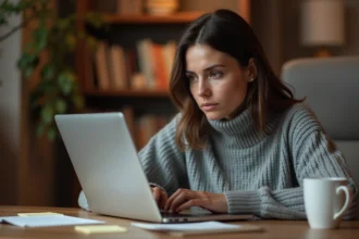 Femme consultant des avis contradictoires sur un ordinateur portable, illustrant la confusion des consommateurs face aux évaluations de Reborn 21