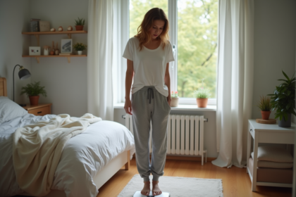 Femme regardant une balance dans une chambre lumineuse