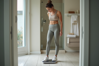 Femme en tenue de sport regardant la balance dans la salle de bain