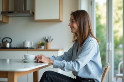 Femme souriante dans une cuisine moderne avec café