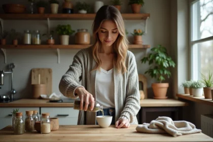 Femme versant de la sève de bouleau dans une tasse en céramique