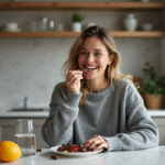 Perte de poids : astuces pour gourmands accros au sucré ! Femme dégustant du chocolat dans une cuisine chaleureuse