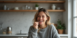 Perte de poids : astuces pour gourmands accros au sucré ! Femme dégustant du chocolat dans une cuisine chaleureuse