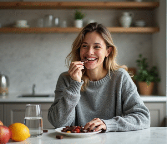 Femme dégustant du chocolat dans une cuisine chaleureuse