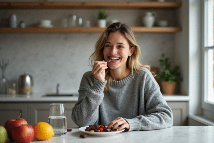 femme-chocolat-salle-cosy Femme dégustant du chocolat dans une cuisine chaleureuse