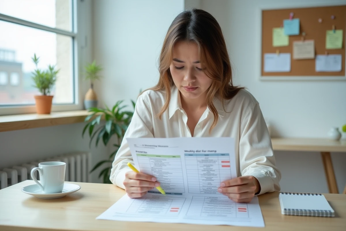 Femme comparant deux menus de régime imprimés à son bureau avec un surligneur, illustrant les erreurs de planification alimentaire