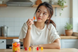 Jeune femme examinant un complément alimentaire sous forme d'ourson gélule dans une cuisine moderne