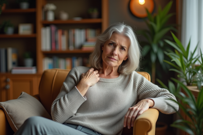 femme-confort-maison Femme d'âge moyen dans un salon chaleureux