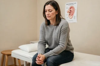 Femme en consultation médicale réfléchissant à son parcours de guérison de la maladie de Ménière
