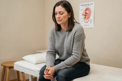 Femme en consultation médicale réfléchissant à son parcours de guérison de la maladie de Ménière