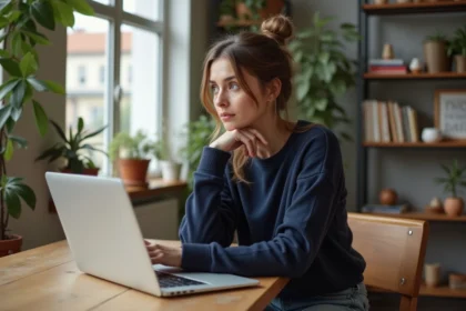 Femme pensant devant son ordinateur dans un intérieur cosy