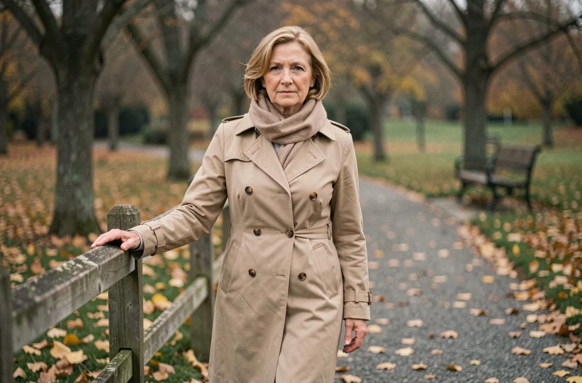 Femme en convalescence se promenant prudemment dans un parc en automne après la maladie de Ménière