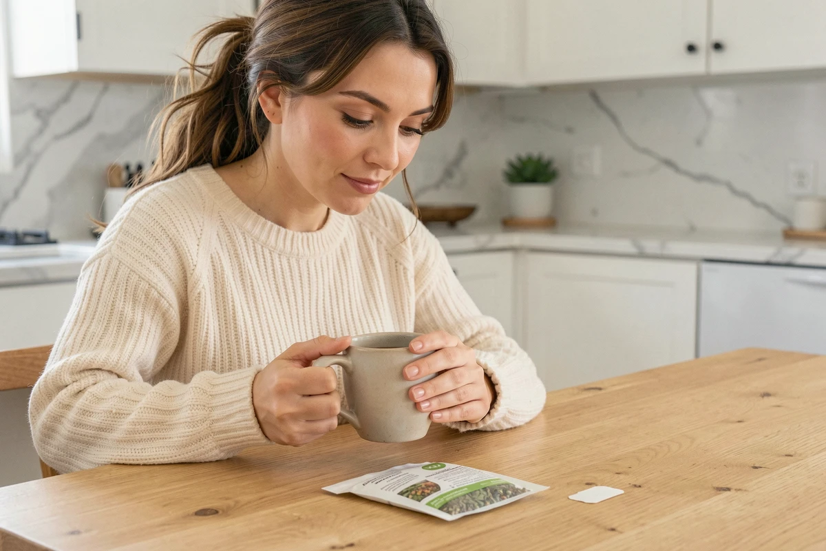 Femme lisant les ingrédients d'une cure de thé détox Lulutox dans une cuisine moderne lumineuse