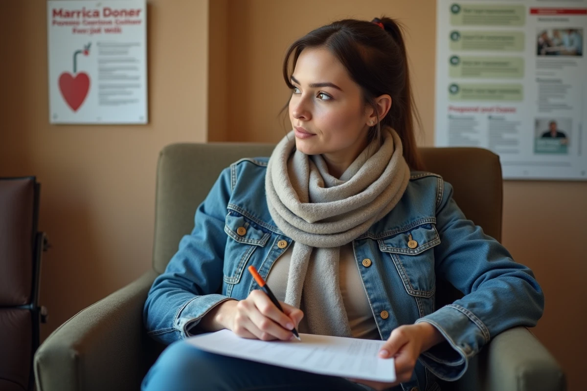 Jeune femme remplissant un formulaire dans un centre de don de sang