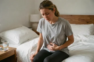 Femme souffrant de douleurs abdominales assise sur son lit, illustrant les symptômes de kystes ovariens et de règles douloureuses