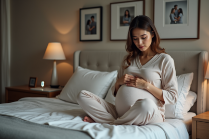 Femme enceinte assise sur le lit dans une chambre chaleureuse