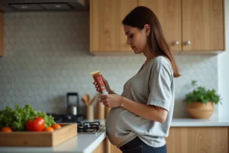 Femme enceinte lisant l'étiquette d'un paquet de chorizo dans une cuisine moderne, s'interrogeant sur la sécurité alimentaire pendant la grossesse