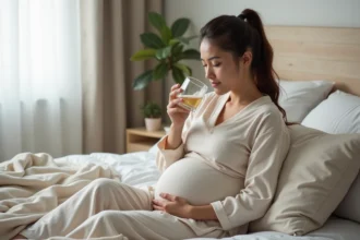 Femme enceinte assise sur le lit avec eau chaude