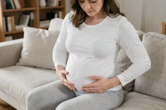 Femme enceinte assise tenant son bas-ventre et la zone de l'aine, expression d'inconfort doux, intérieur cosy
