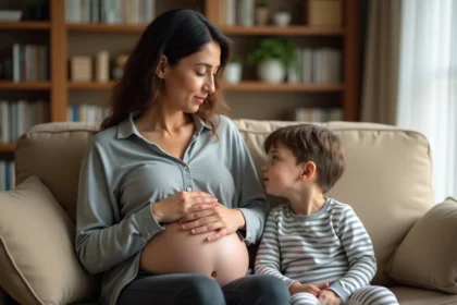 Femme enceinte surveillant son enfant malade présentant des symptômes de scarlatine à la maison