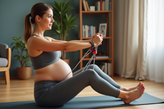 Femme enceinte faisant un exercice avec bande de résistance dans un salon