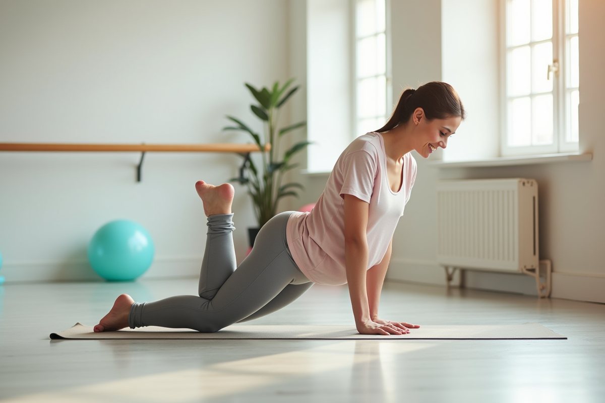 Femme enceinte pratiquant un exercice dans un studio lumineux
