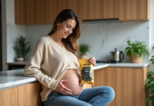 Algue pendant grossesse : Est-ce sûr d’en consommer ? Femme enceinte souriante examinant un paquet d'algues sèches dans la cuisine