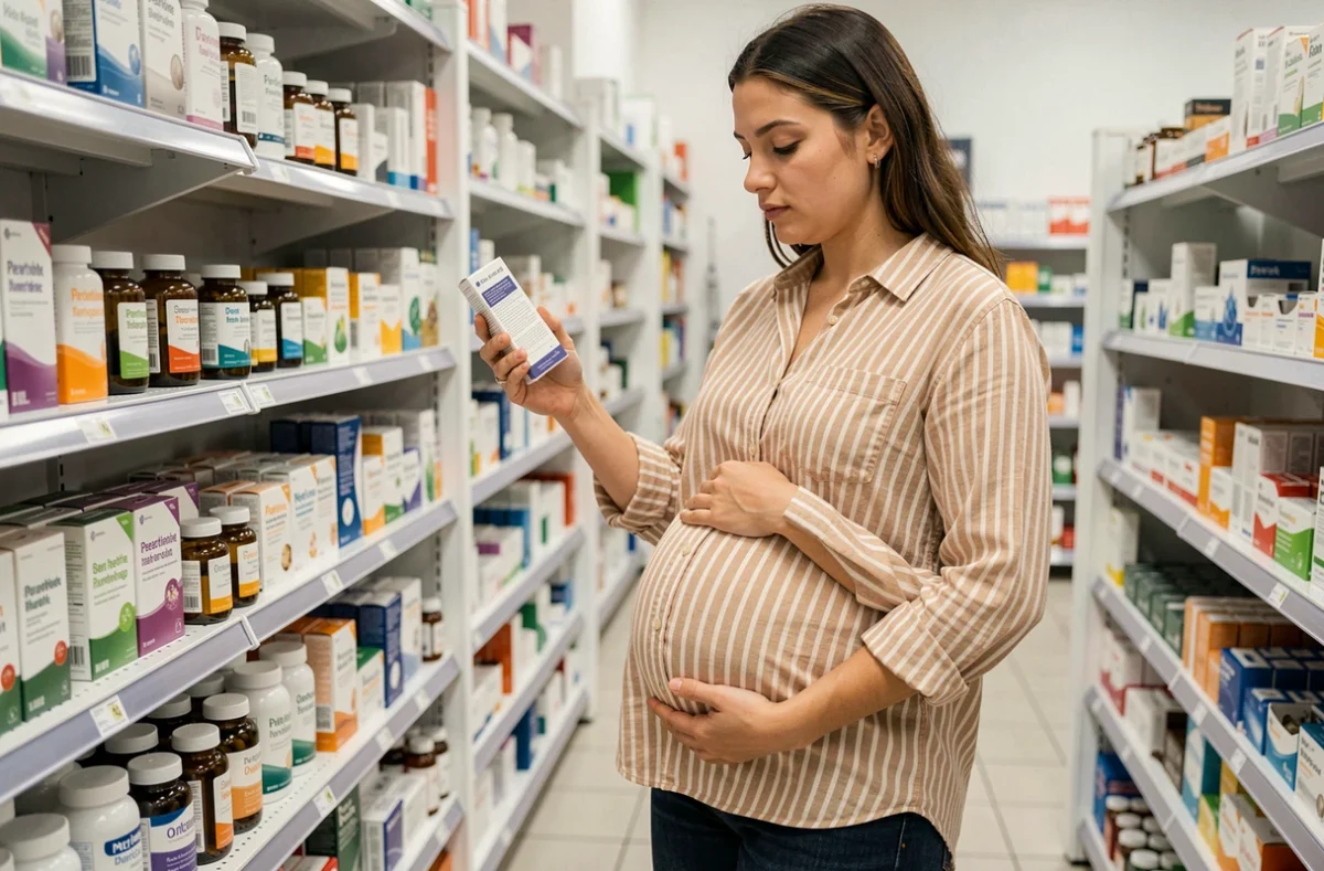Femme enceinte en pharmacie lisant attentivement l'étiquette d'un produit de santé pour la grossesse