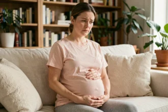 Femme enceinte assise dans son salon, les mains posées sur son ventre, expression légèrement inquiète lors d'une grossesse à risque