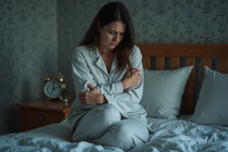 Femme d'âge moyen en pyjama assise dans son lit la nuit