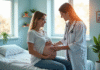 Femme enceinte souriante dans un cabinet médical lumineux