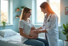 Femme enceinte souriante dans un cabinet médical lumineux