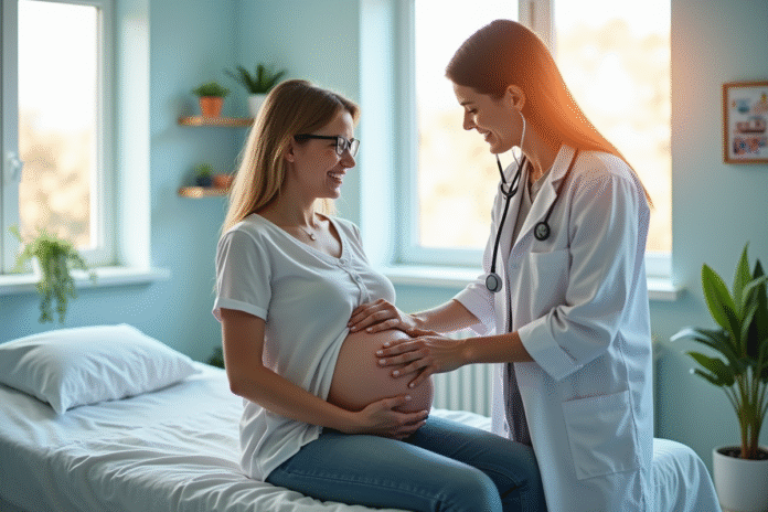 Femme enceinte souriante dans un cabinet médical lumineux