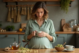 Femme enceinte tenant une tasse de tisane chaude dans une cuisine rustique en bois