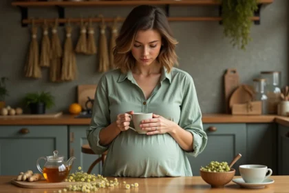 Femme enceinte tenant une tasse de tisane chaude dans une cuisine rustique en bois