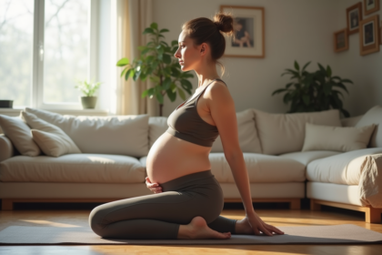 Femme enceinte faisant du yoga dans son salon chaleureux